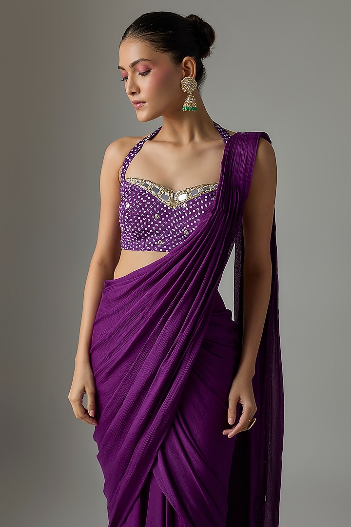 Purple Chinon Pre-Stitched Party Wear Saree Set by Krishna Padia at Pernia's Pop Up Shop