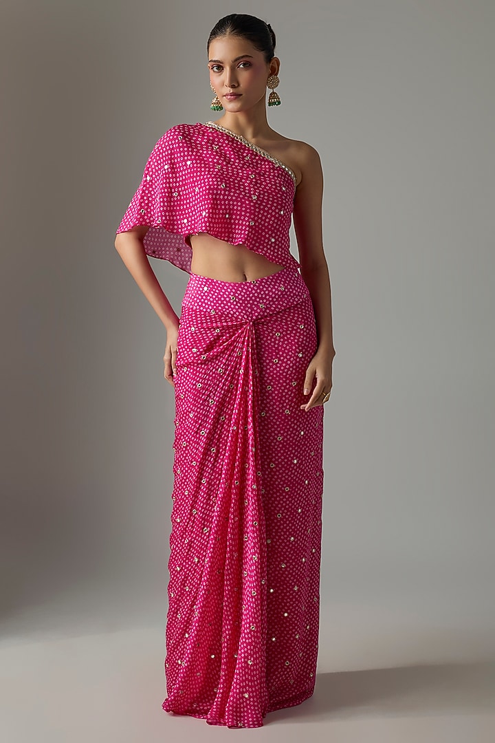Fuchsia Pink Chinon Bandhani Printed Dhoti Skirt Set by Krishna Padia at Pernia's Pop Up Shop