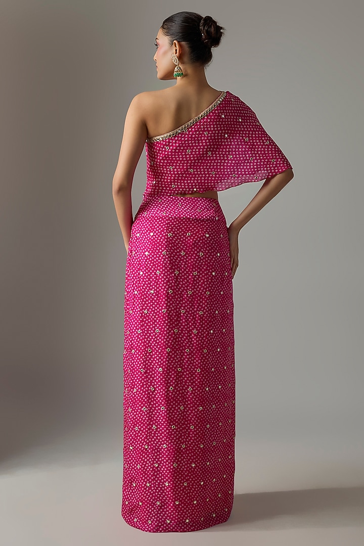 Fuchsia Pink Chinon Bandhani Printed Dhoti Skirt Set by Krishna Padia at Pernia's Pop Up Shop