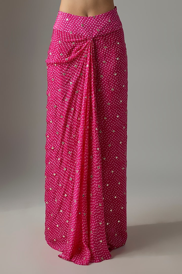 Fuchsia Pink Chinon Bandhani Printed Dhoti Skirt Set by Krishna Padia at Pernia's Pop Up Shop