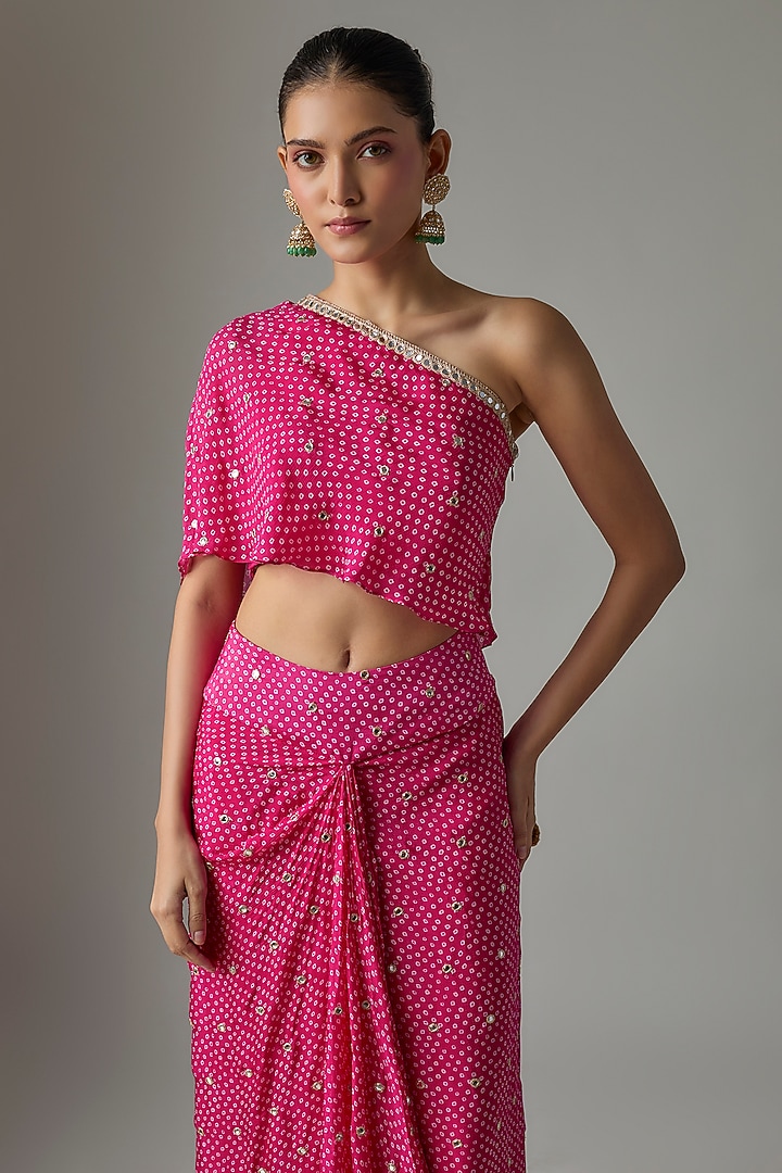 Fuchsia Pink Chinon Bandhani Printed Dhoti Skirt Set by Krishna Padia at Pernia's Pop Up Shop