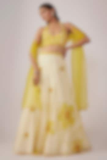 Yellow Organza Floral Embroidered & Printed Wedding Lehenga Set by Krishna Padia at Pernia's Pop Up Shop