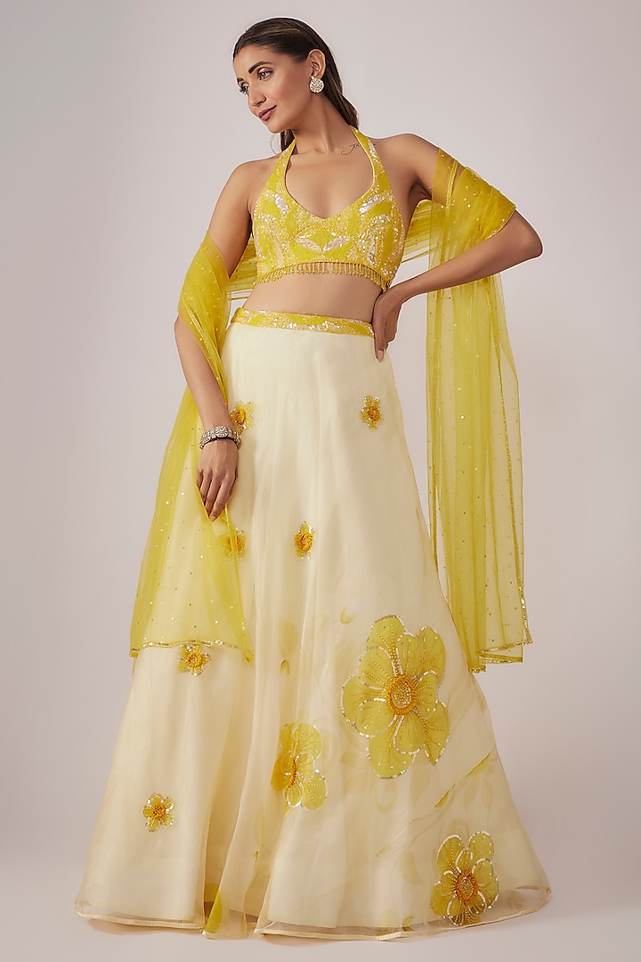 Yellow Organza Floral Embroidered & Printed Wedding Lehenga Set by Krishna Padia at Pernia's Pop Up Shop