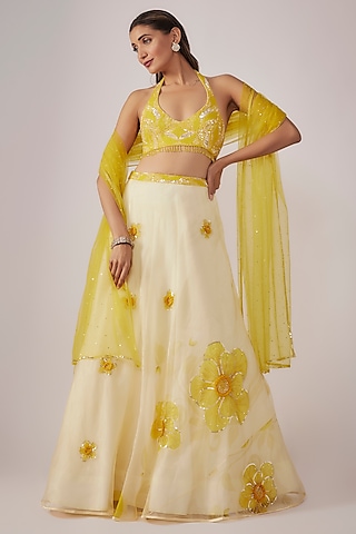 Yellow Organza Floral Embroidered & Printed Lehenga Set by Krishna Padia