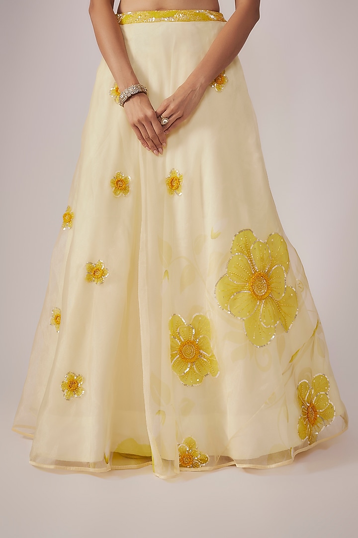 Yellow Organza Floral Embroidered & Printed Wedding Lehenga Set by Krishna Padia at Pernia's Pop Up Shop