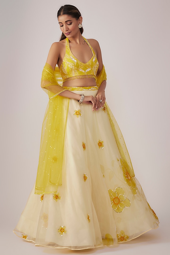 Yellow Organza Floral Embroidered & Printed Wedding Lehenga Set by Krishna Padia at Pernia's Pop Up Shop