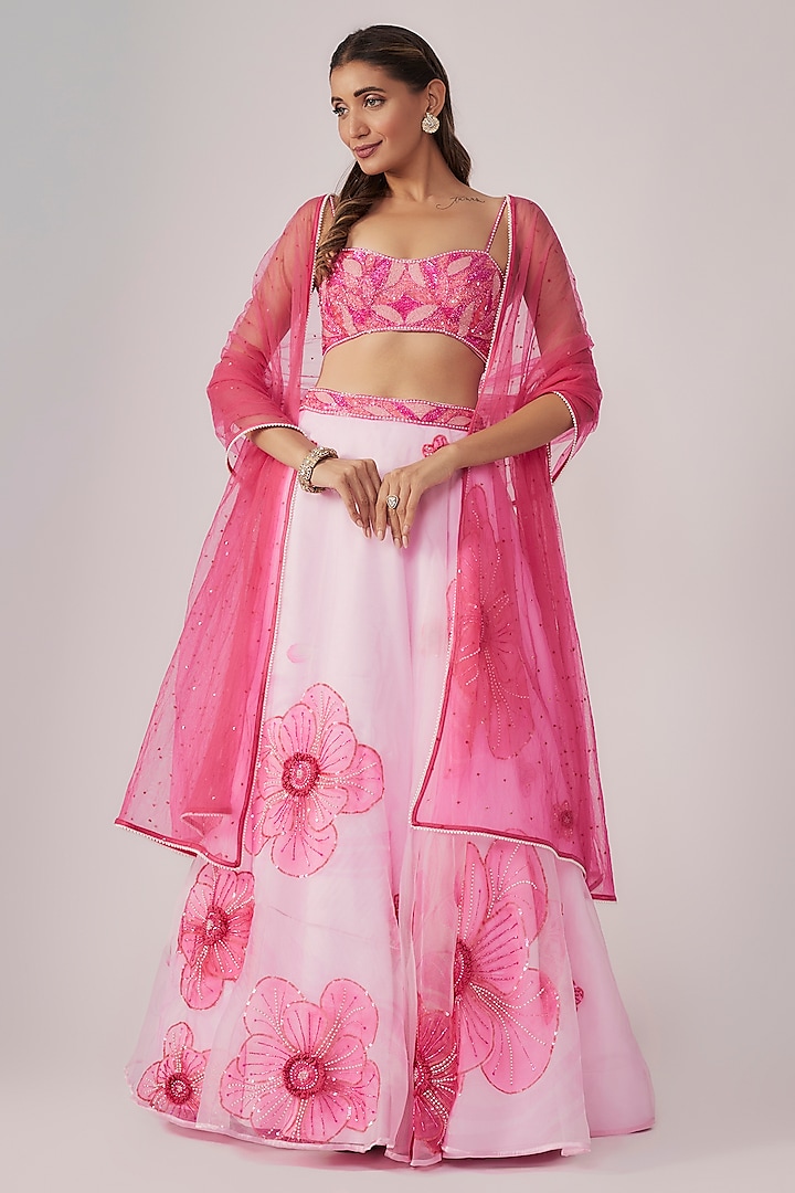 Powder Pink Organza Floral Embroidered & Printed Wedding Lehenga Set by Krishna Padia at Pernia's Pop Up Shop