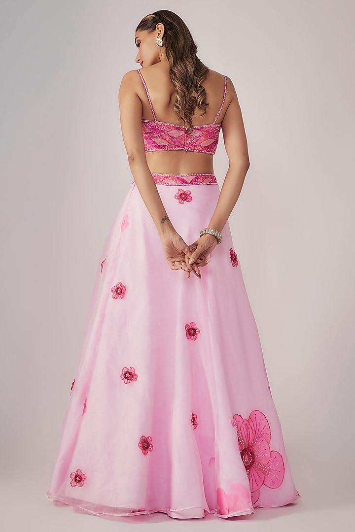 Powder Pink Organza Floral Embroidered & Printed Wedding Lehenga Set by Krishna Padia at Pernia's Pop Up Shop