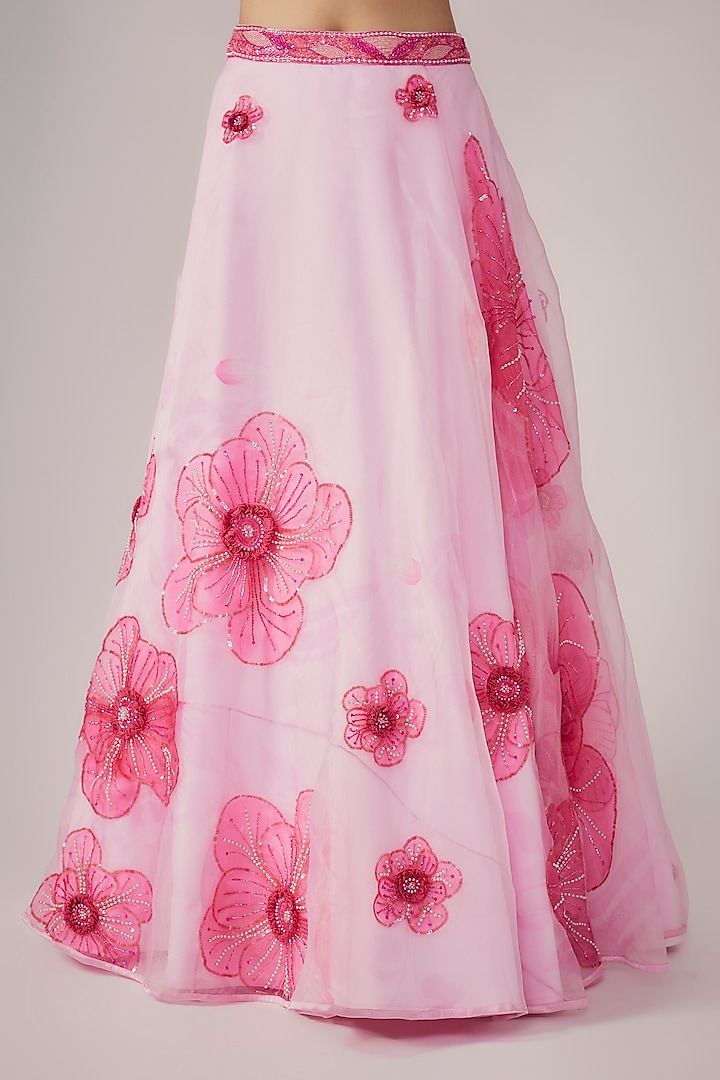 Powder Pink Organza Floral Embroidered & Printed Wedding Lehenga Set by Krishna Padia at Pernia's Pop Up Shop