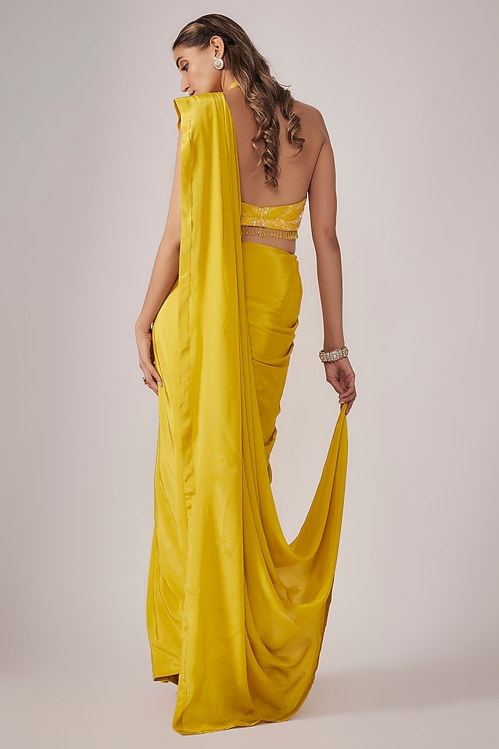 Yellow Pure Crepe Pre-Draped Wedding Saree Set by Krishna Padia at Pernia's Pop Up Shop