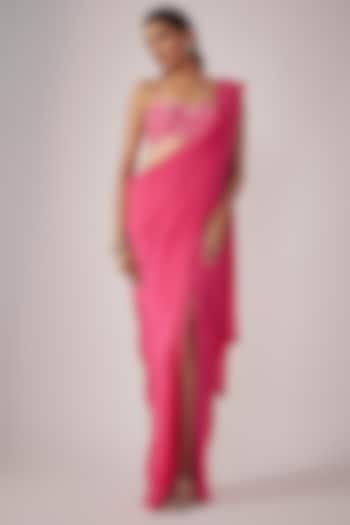 Electric Pink Pure Crepe Pre-Draped Saree Set by Krishna Padia at Pernia's Pop Up Shop