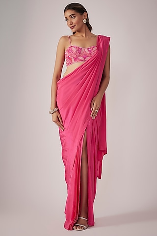 Electric Pink Pure Crepe Pre-Draped Saree Set by Krishna Padia