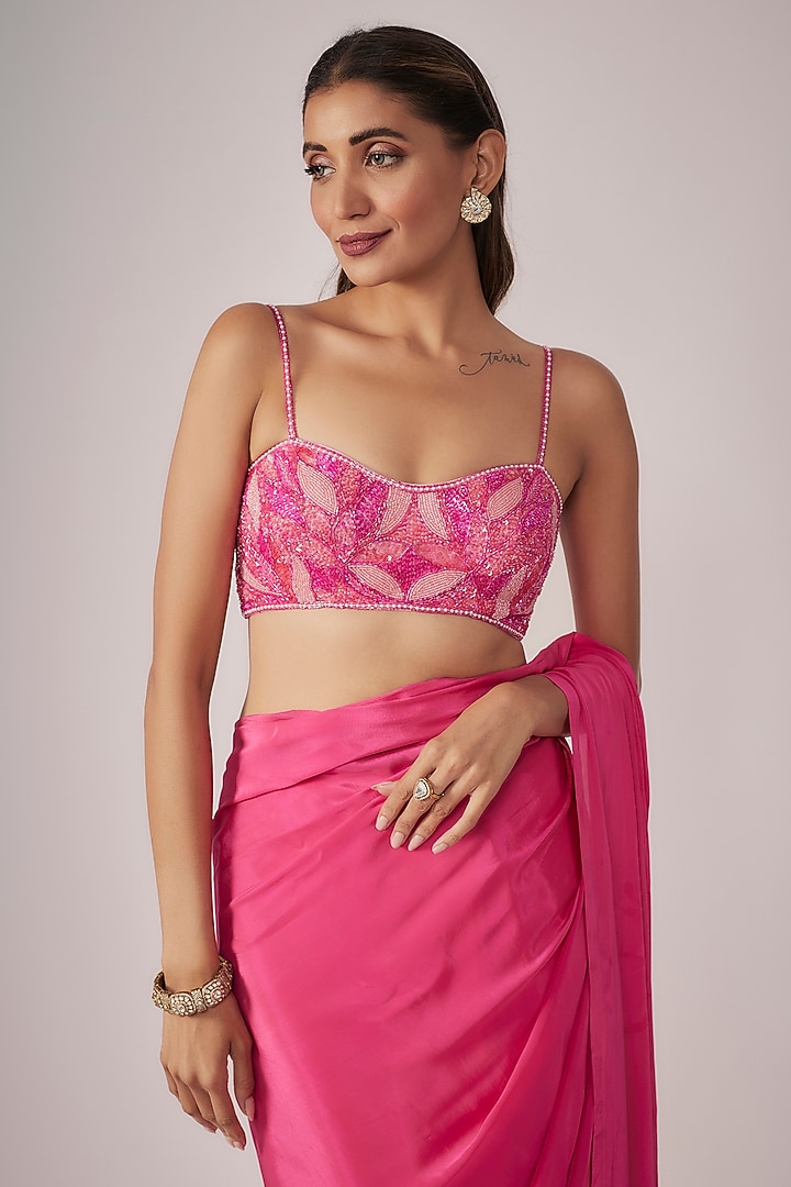 Electric Pink Pure Crepe Pre-Draped Wedding Saree Set by Krishna Padia at Pernia's Pop Up Shop