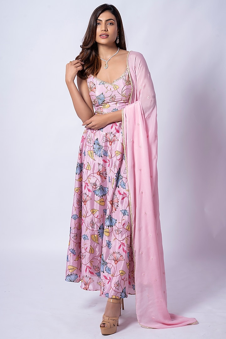 Pink Printed Anarkali Set by WILDFLOWER BY KRISHNA