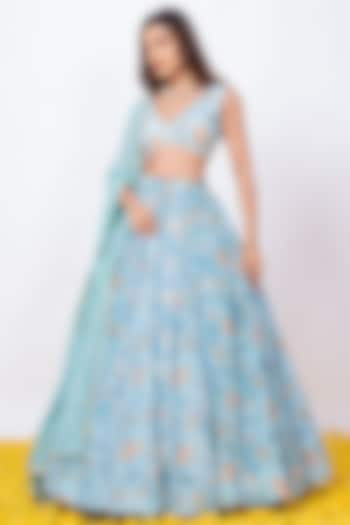 Turquoise Printed Wedding Lehenga Set by Krishna Padia at Pernia's Pop Up Shop