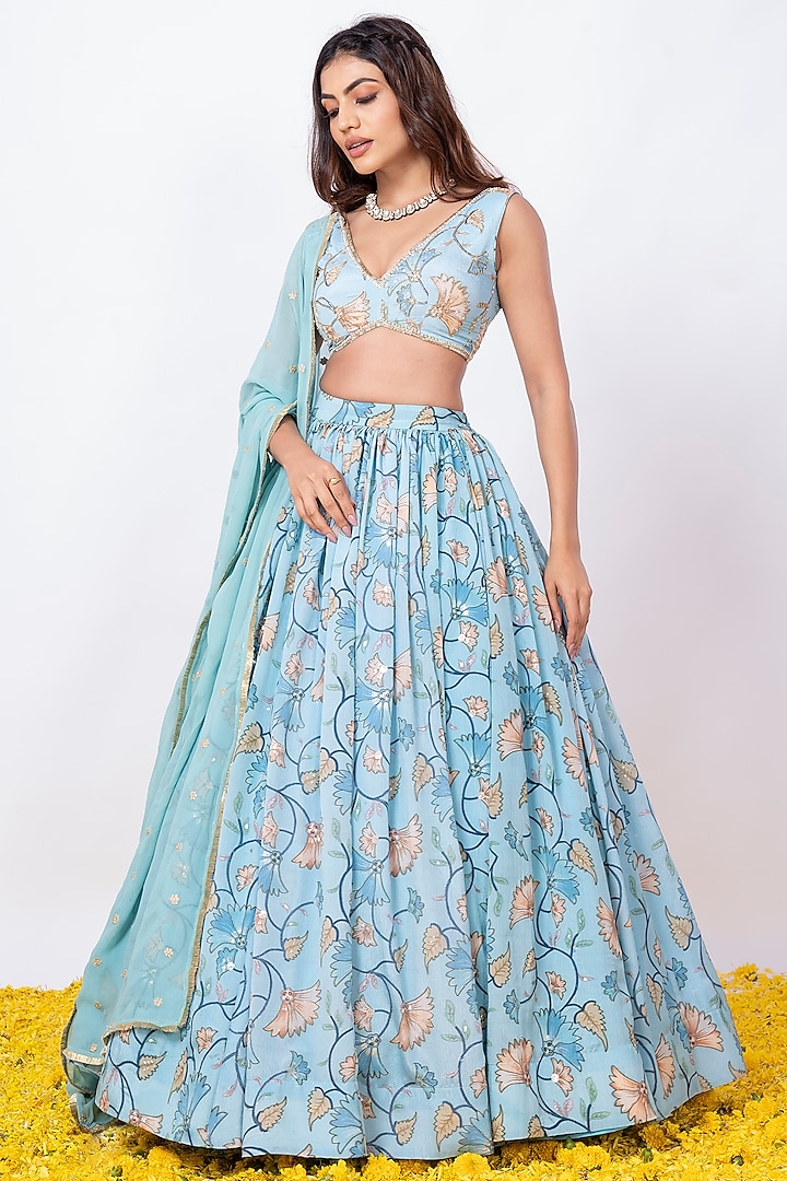 Turquoise Printed Lehenga Set by WILDFLOWER BY KRISHNA