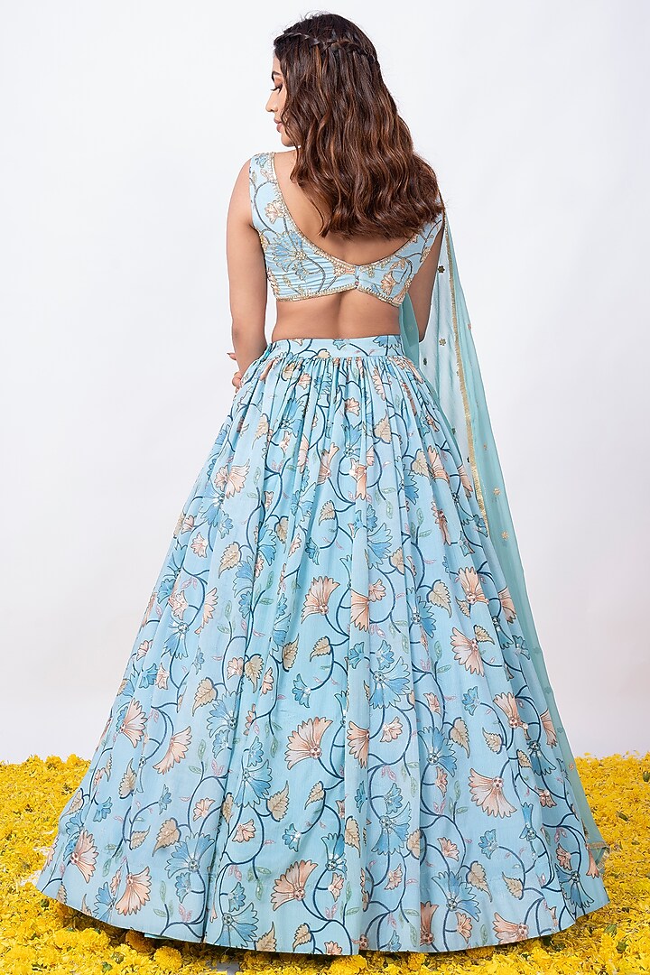 Turquoise Printed Wedding Lehenga Set by Krishna Padia at Pernia's Pop Up Shop