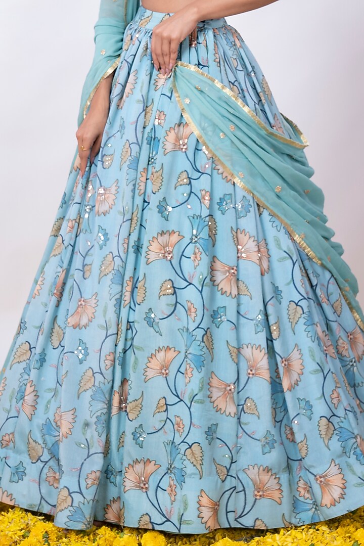 Turquoise Printed Wedding Lehenga Set by Krishna Padia at Pernia's Pop Up Shop