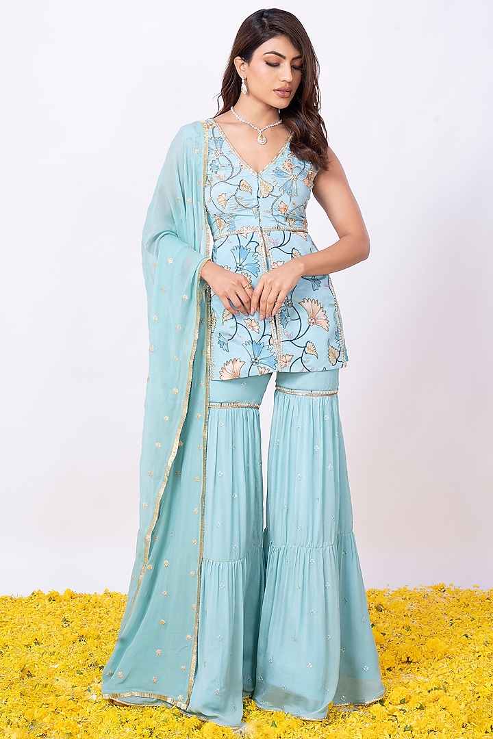 Turquoise Sharara Set In Georgette by WILDFLOWER BY KRISHNA