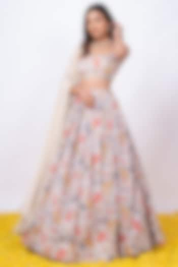 Grey Printed Lehenga Set by WILDFLOWER BY KRISHNA