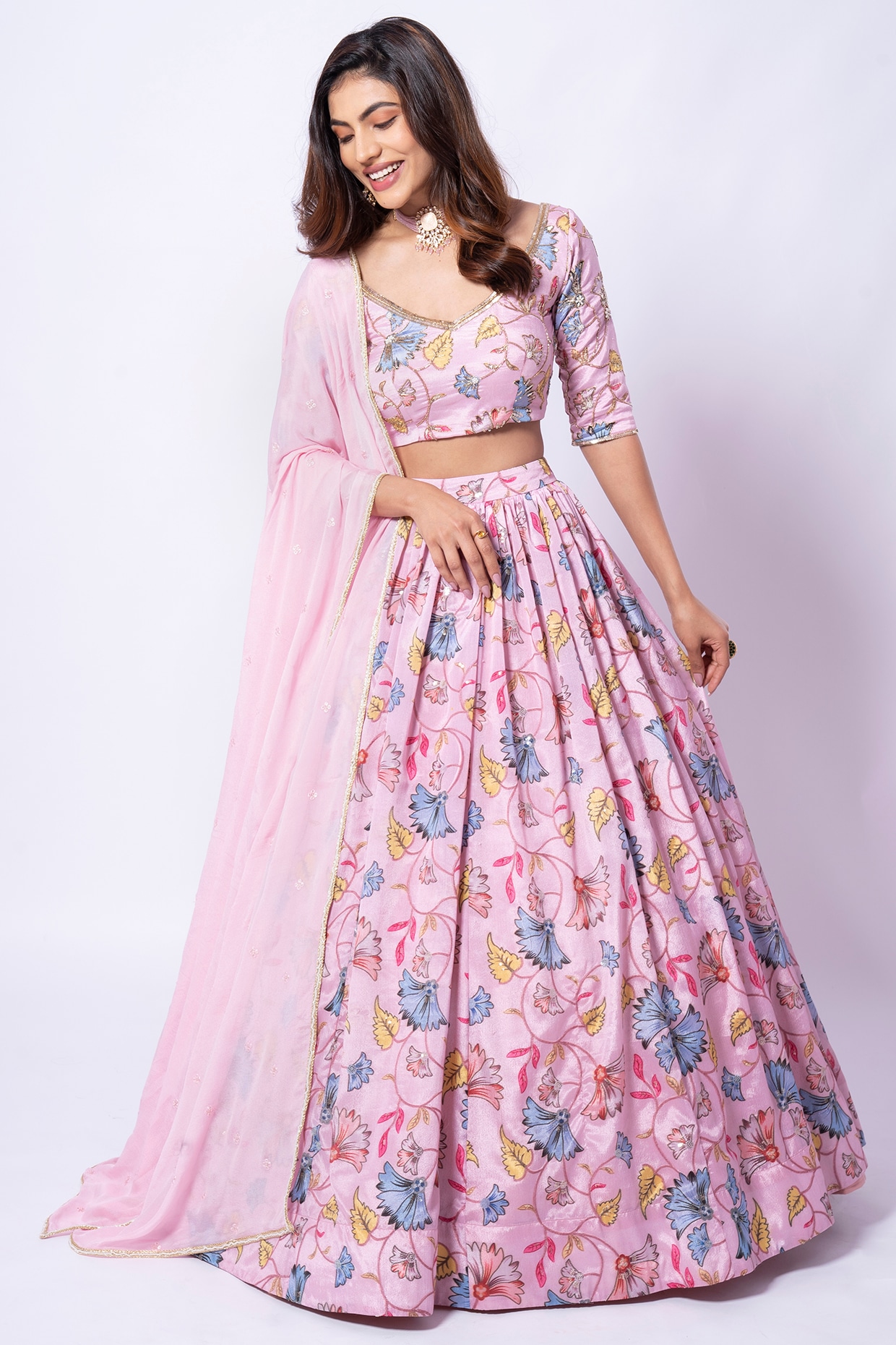 Off White Crop Top with Baby Pink Floral Print Lehenga