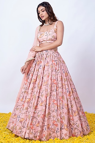 Peach Printed Lehenga Set by Krishna Padia