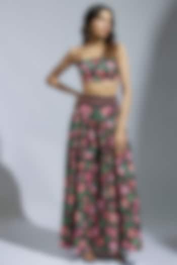 Black French Crepe Floral Printed Party Wear Sharara Set by Krishna Padia at Pernia's Pop Up Shop