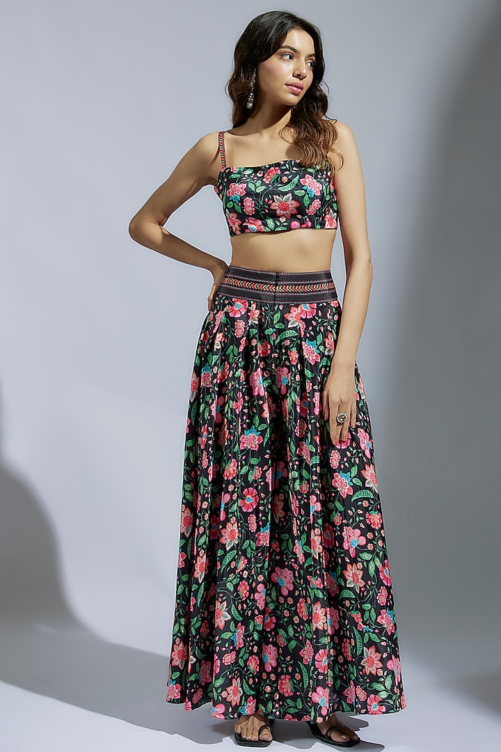 Black French Crepe Floral Printed Party Wear Sharara Set by Krishna Padia at Pernia's Pop Up Shop