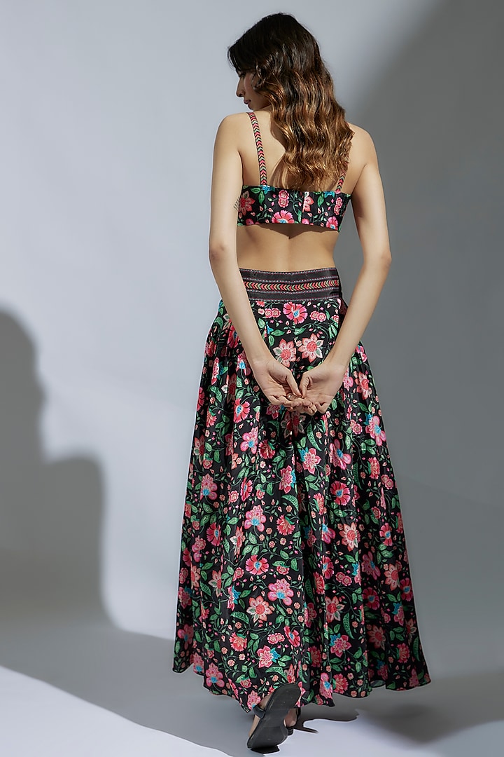 Black French Crepe Floral Printed Party Wear Sharara Set by Krishna Padia at Pernia's Pop Up Shop