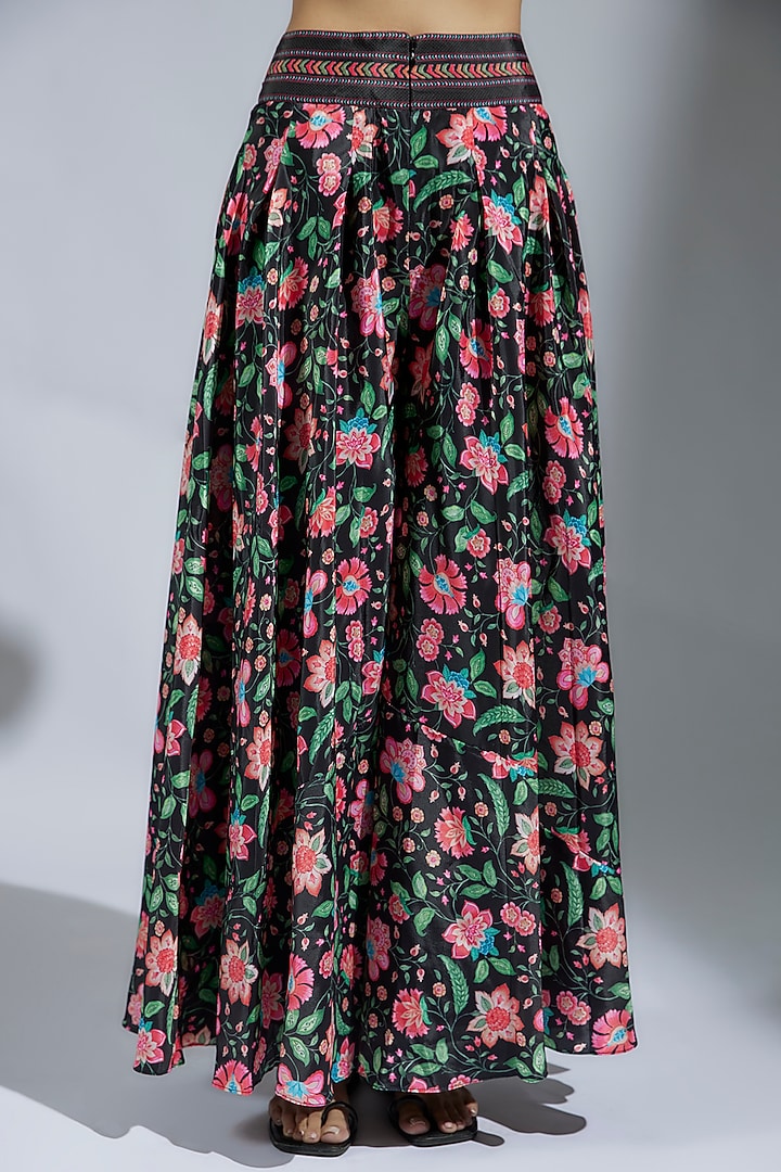 Black French Crepe Floral Printed Party Wear Sharara Set by Krishna Padia at Pernia's Pop Up Shop
