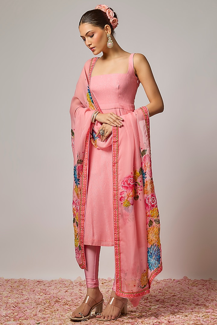 Blush Pink Lurex Georgette Hand Embroidered Kurta Set by Krishna Padia at Pernia's Pop Up Shop