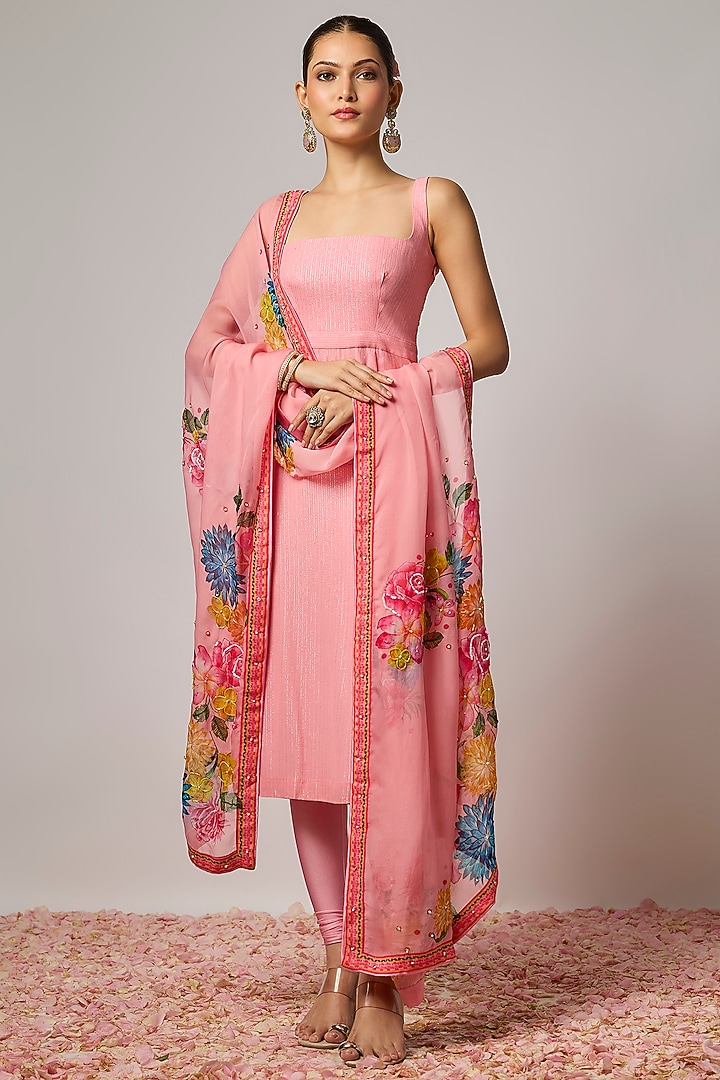Blush Pink Lurex Georgette Hand Embroidered Kurta Set by Krishna Padia at Pernia's Pop Up Shop