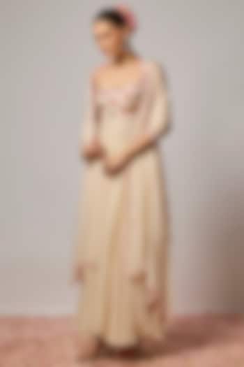 Ivory Lurex Georgette Floral Embroidered Wedding Anarkali Set by Krishna Padia at Pernia's Pop Up Shop