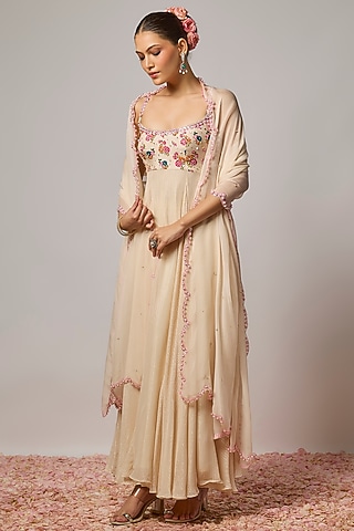 Ivory Lurex Georgette Floral Embroidered Anarkali Set by Krishna Padia