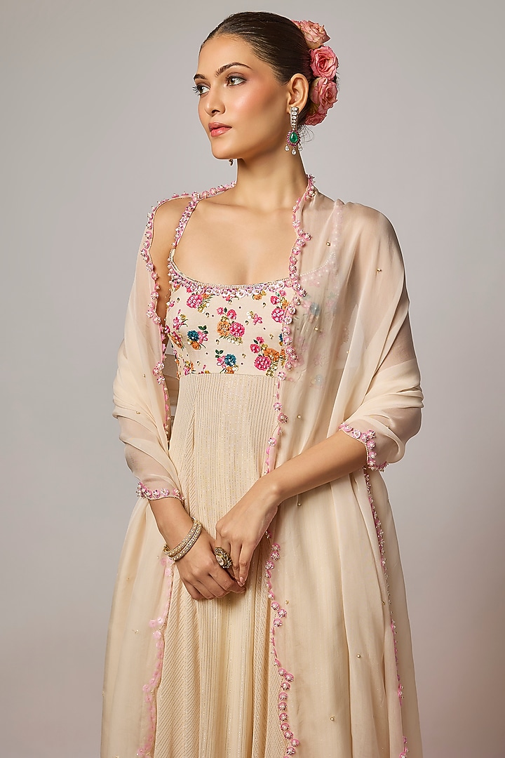 Ivory Lurex Georgette Floral Embroidered Wedding Anarkali Set by Krishna Padia at Pernia's Pop Up Shop