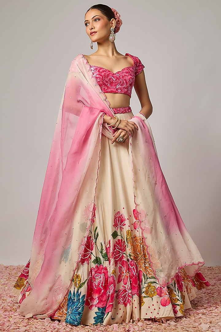 Ivory Dola Silk Cutdana & Floral Work Wedding Lehenga Set by Krishna Padia at Pernia's Pop Up Shop