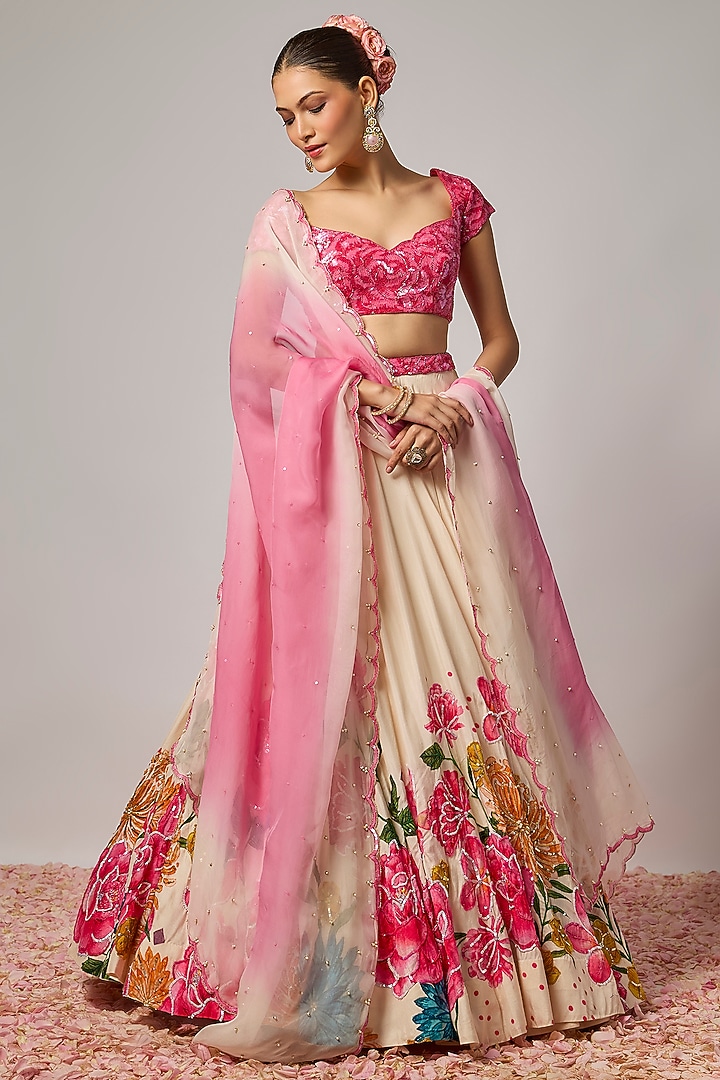 Ivory Dola Silk Cutdana & Floral Work Wedding Lehenga Set by Krishna Padia at Pernia's Pop Up Shop