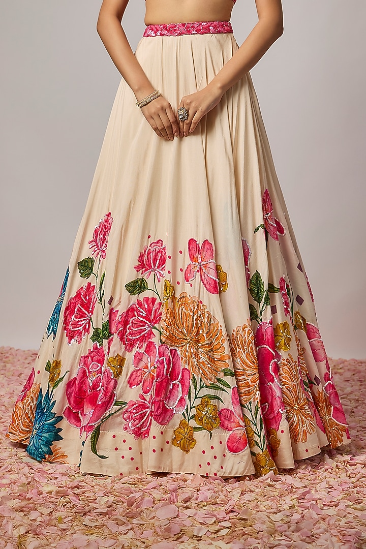 Ivory Dola Silk Cutdana & Floral Work Wedding Lehenga Set by Krishna Padia at Pernia's Pop Up Shop