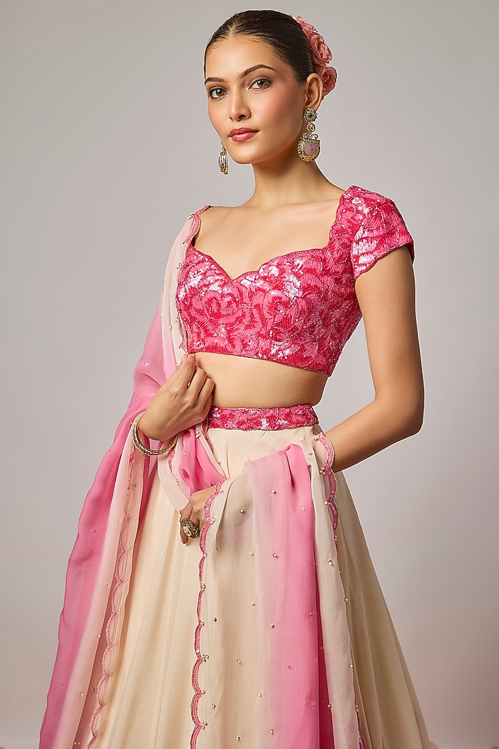 Ivory Dola Silk Cutdana & Floral Work Wedding Lehenga Set by Krishna Padia at Pernia's Pop Up Shop
