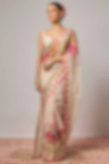 Ivory Organza Floral Embroidered Pre-Draped Wedding Saree Set by Krishna Padia at Pernia's Pop Up Shop
