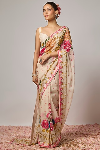 Ivory Organza Floral Embroidered Pre-Draped Saree Set by Krishna Padia