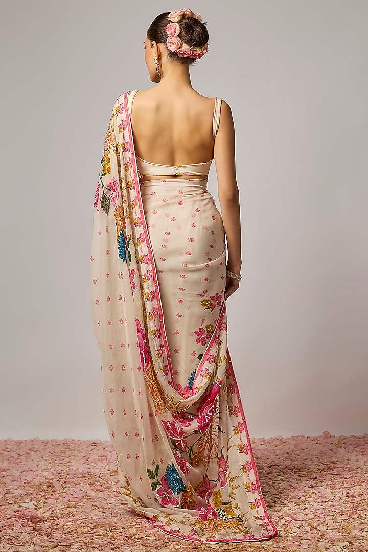 Ivory Organza Floral Embroidered Pre-Draped Wedding Saree Set by Krishna Padia at Pernia's Pop Up Shop