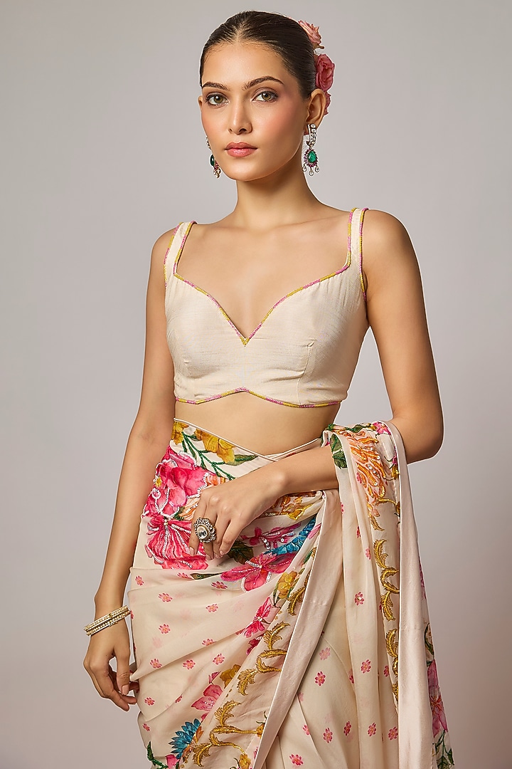 Ivory Organza Floral Embroidered Pre-Draped Wedding Saree Set by Krishna Padia at Pernia's Pop Up Shop