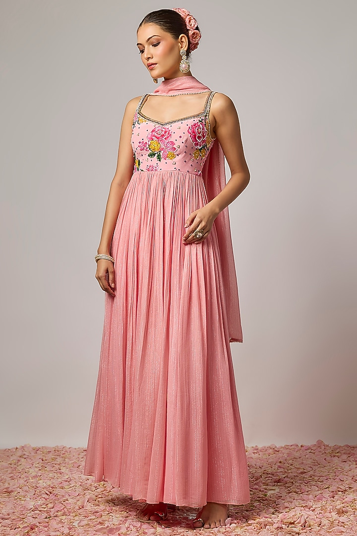 Blush Pink Lurex Georgette Sequin Hand Embroidered Wedding Anarkali Set by Krishna Padia at Pernia's Pop Up Shop