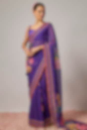 Deep Purple Organza Floral Embroidered Pre-Draped Wedding Saree Set by Krishna Padia at Pernia's Pop Up Shop