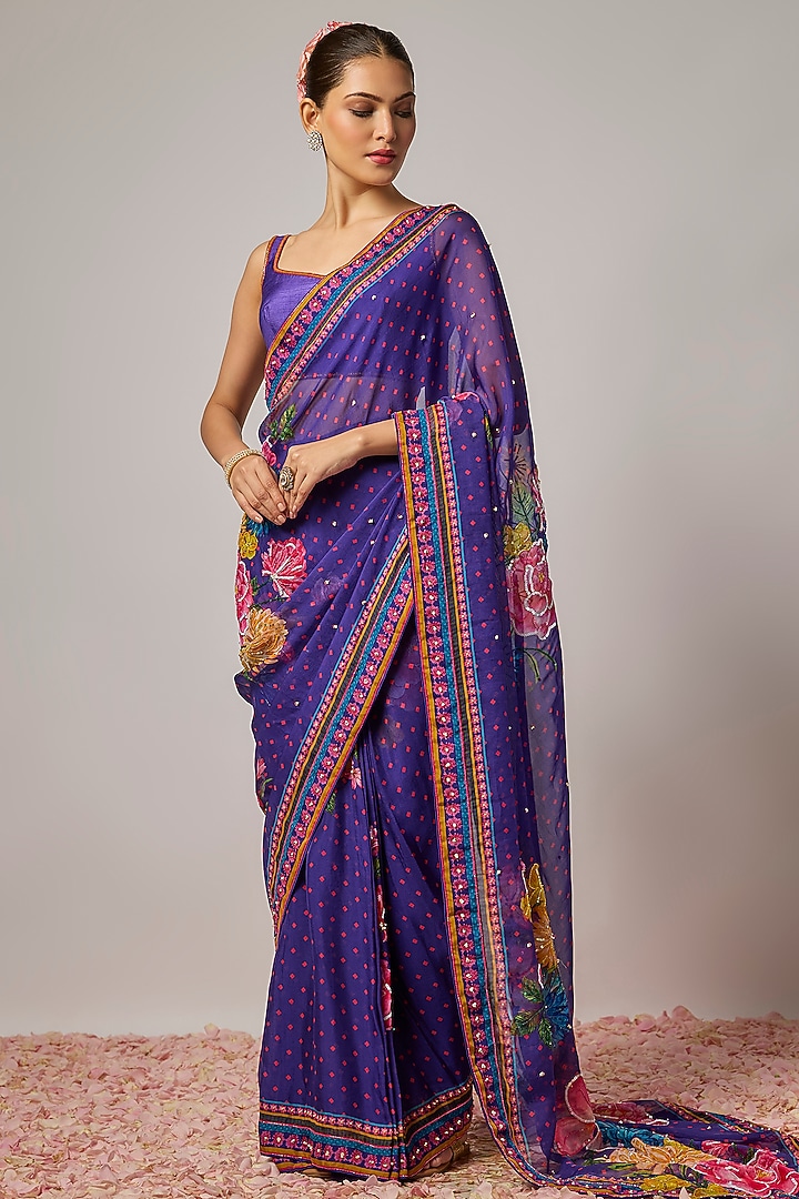 Deep Purple Organza Floral Embroidered Pre-Draped Wedding Saree Set by Krishna Padia at Pernia's Pop Up Shop