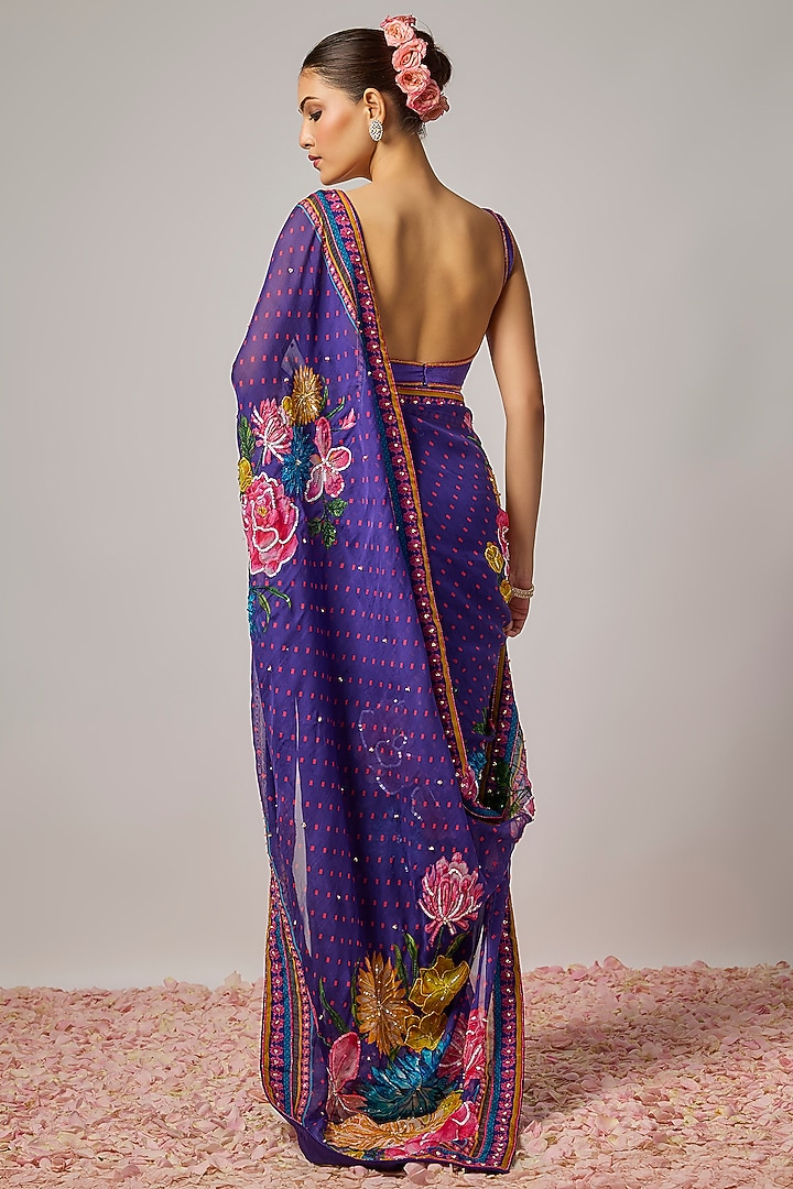 Deep Purple Organza Floral Embroidered Pre-Draped Wedding Saree Set by Krishna Padia at Pernia's Pop Up Shop
