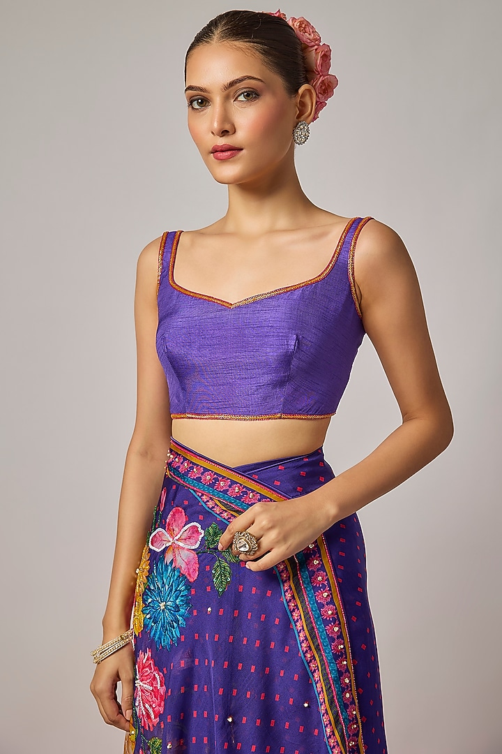 Deep Purple Organza Floral Embroidered Pre-Draped Wedding Saree Set by Krishna Padia at Pernia's Pop Up Shop