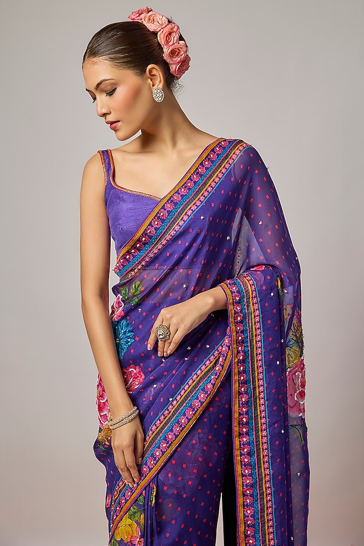Deep Purple Organza Floral Embroidered Pre-Draped Wedding Saree Set by Krishna Padia at Pernia's Pop Up Shop