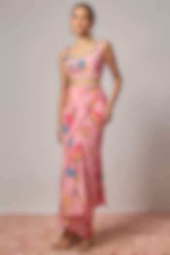 Pink Pure Crepe Floral Printed Draped Skirt Set by Krishna Padia at Pernia's Pop Up Shop